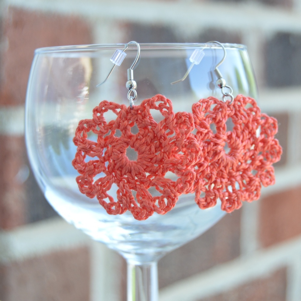 Coral Floral Crochet Earrings Womens Handmade